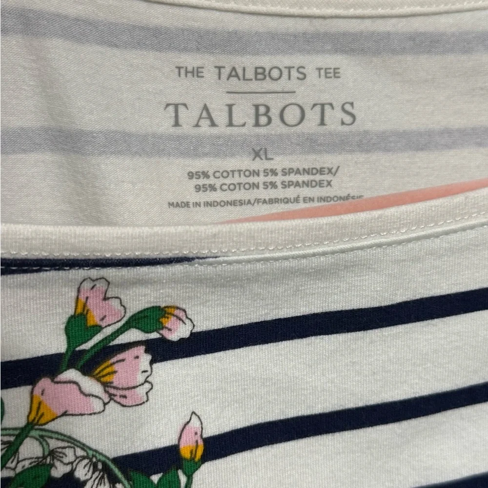 Talbots White & Black Striped Fitted Floral Embellished Long Sleeve Tee NWT - Picture 4 of 5